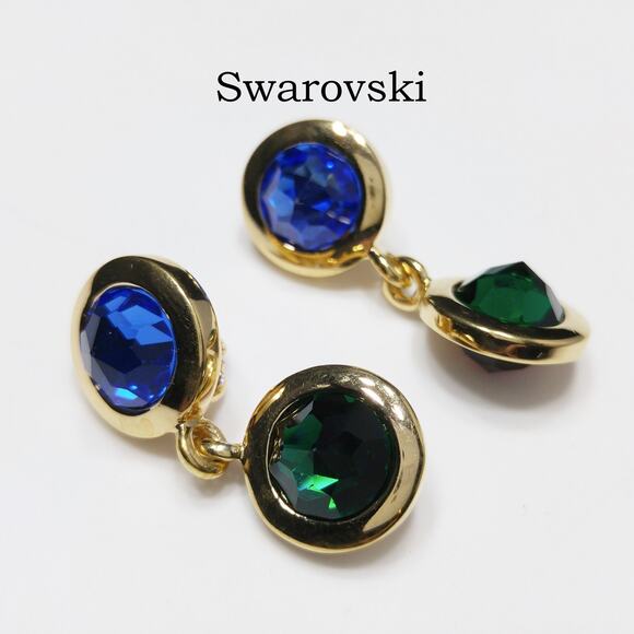 Swarovski Jewelry - Swarovski Gold Plated Drop Earrings, Blue Green Purple Crystals, 1990s Swan Logo
